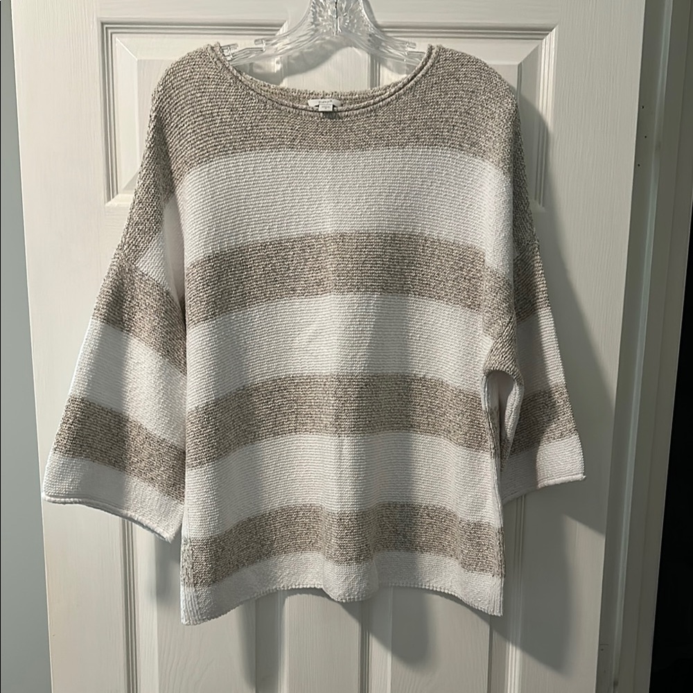 J. Jill White and Tan Crew Neck Sweater with 3/4 Sleeves
